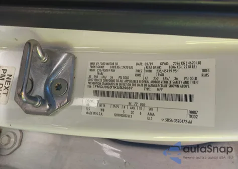 2019 Ford Escape Se z USA, uszkodzony, nr VIN 1FMCU0GD1KUB29687